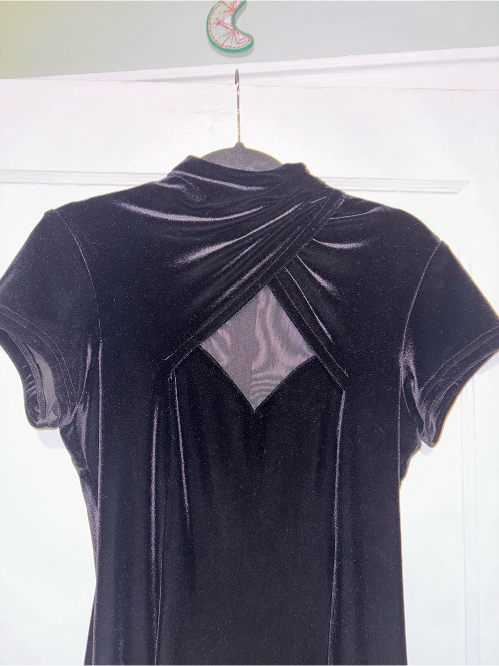 Vintage 90s Short Sleeve Sheer Bodycon Velvet Formal Midi Dress Slit Black 8 - Picture 2 of 7